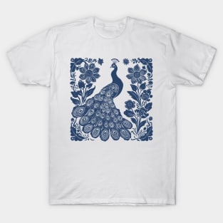 Peacock Folk Art Block Print Navy Blue T-Shirt